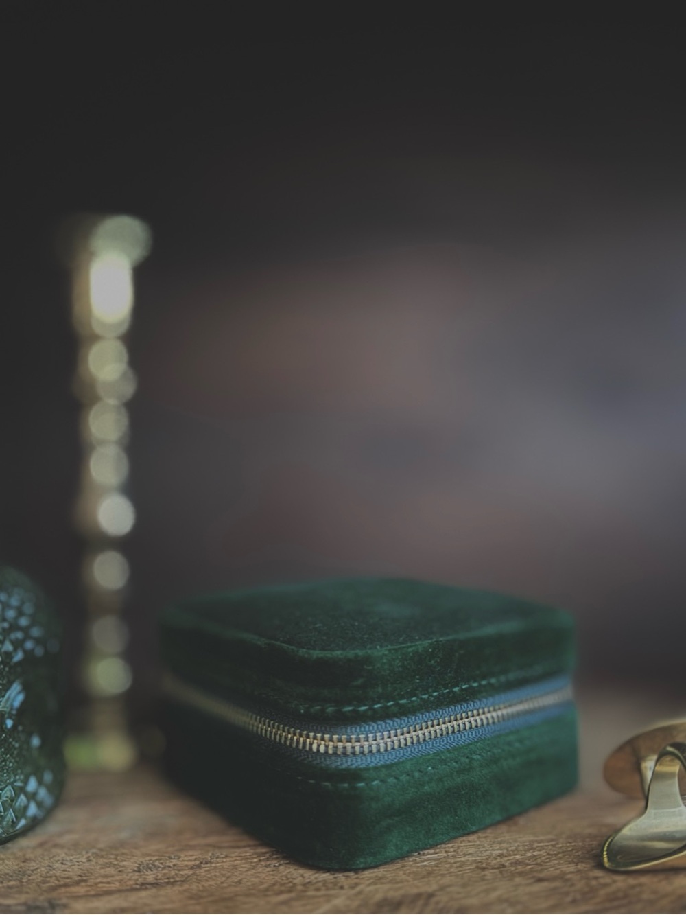 Emerald Velvet Jewelry Box Travel Case Gold Zipper Romantic Keepsake
